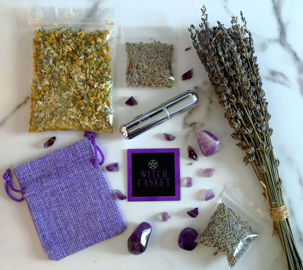 dried lavender, chamomile, silver bullet mist, amethyst