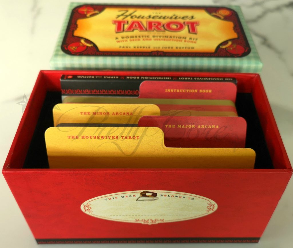 Housewives tarot box and separator cards giving it the old fashioned recipe card look