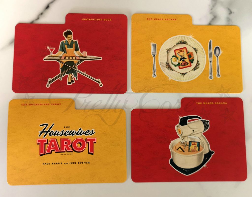 Housewives taor divider cards front in red and yellow showing minor and major arcana and booklet