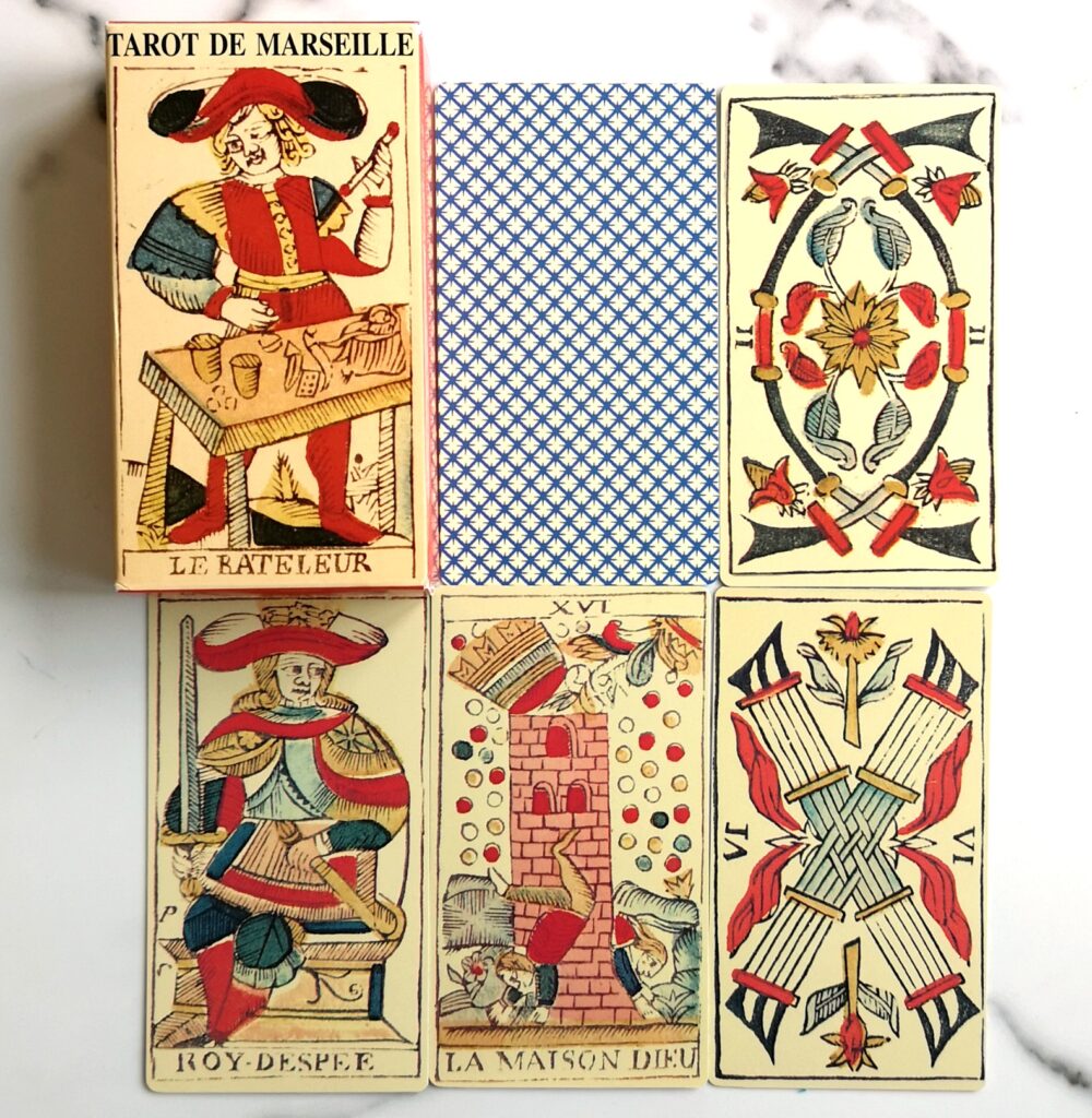 Tarot De Marseille box and deck, 15th century style tarot cards faced and old