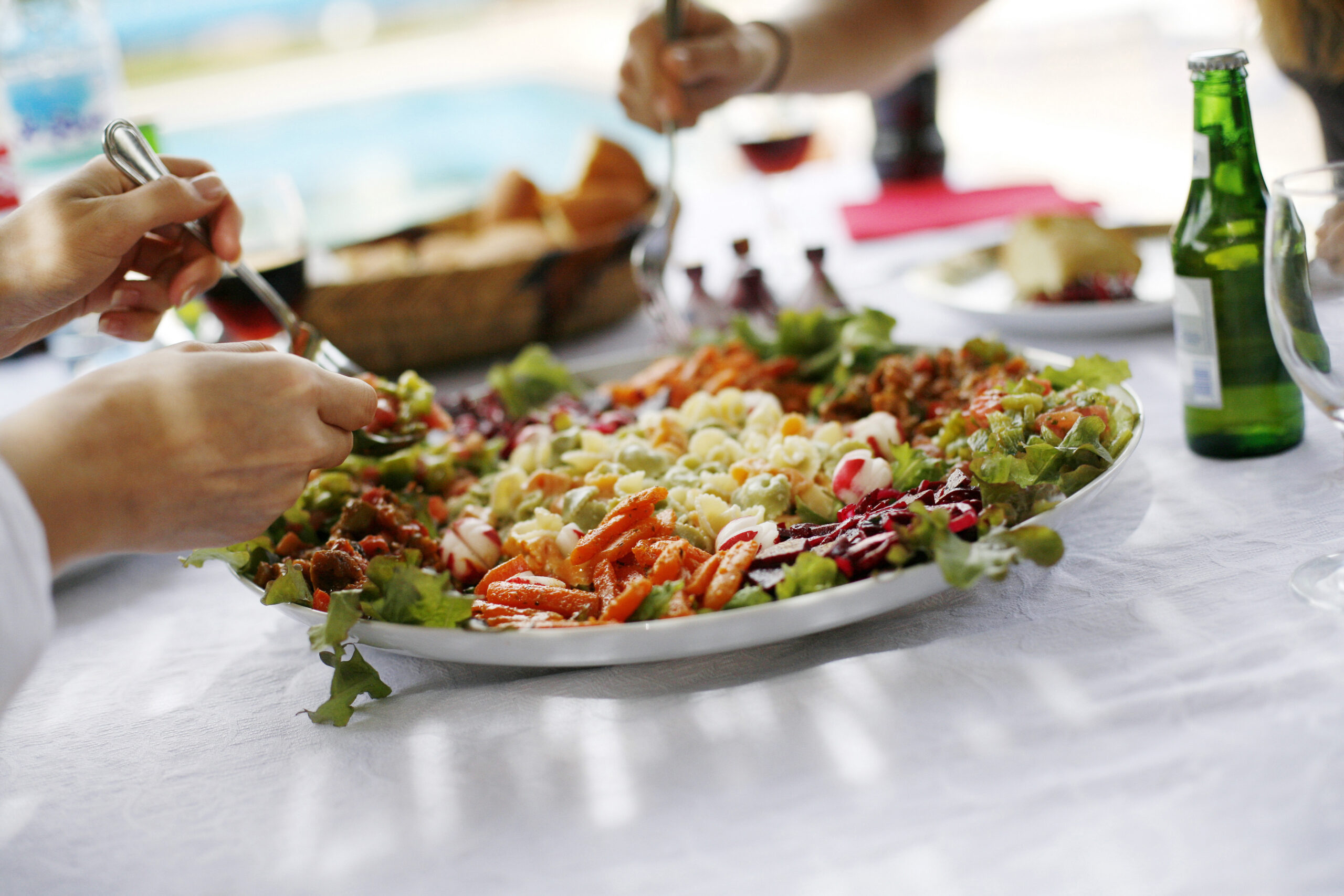 Hands around a vegan salad serving other people