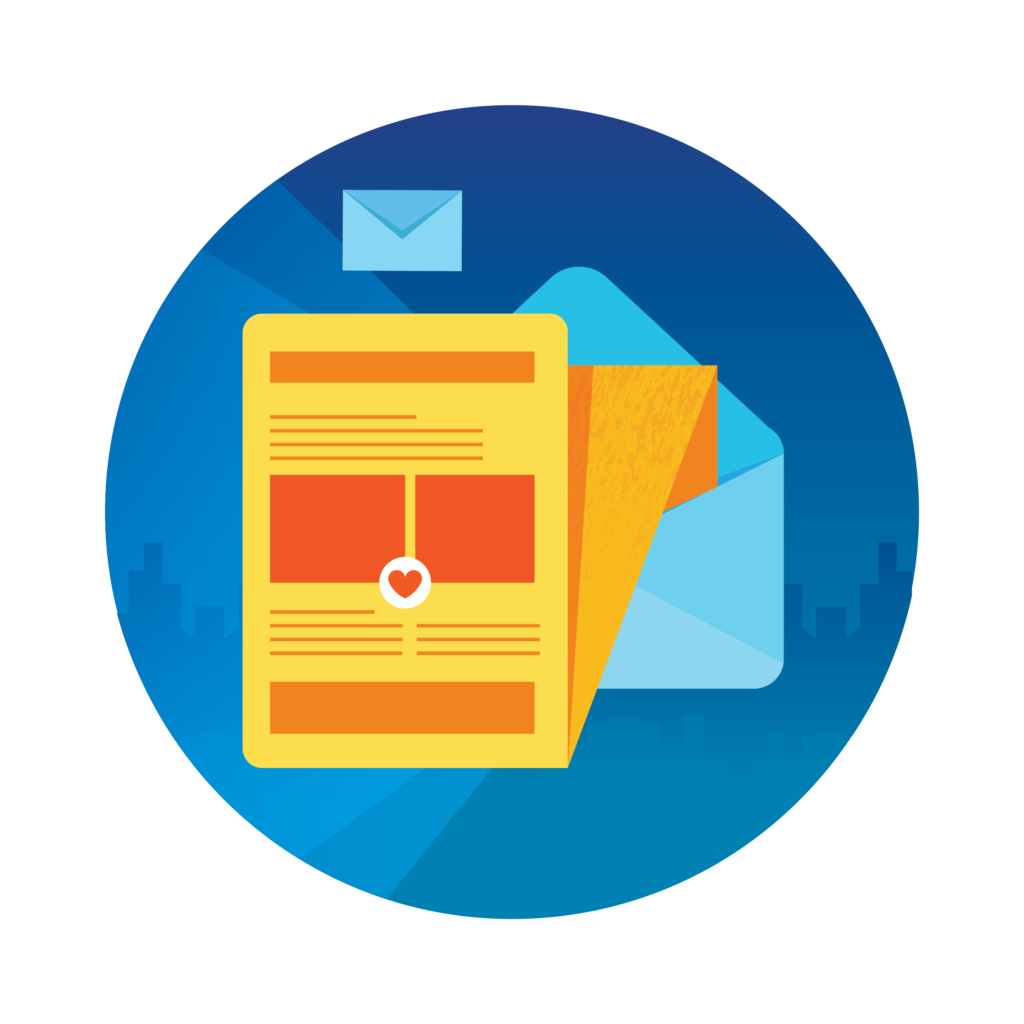 Blue circle with a yellow and red newsletter
