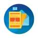 Blue circle with a yellow and red newsletter
