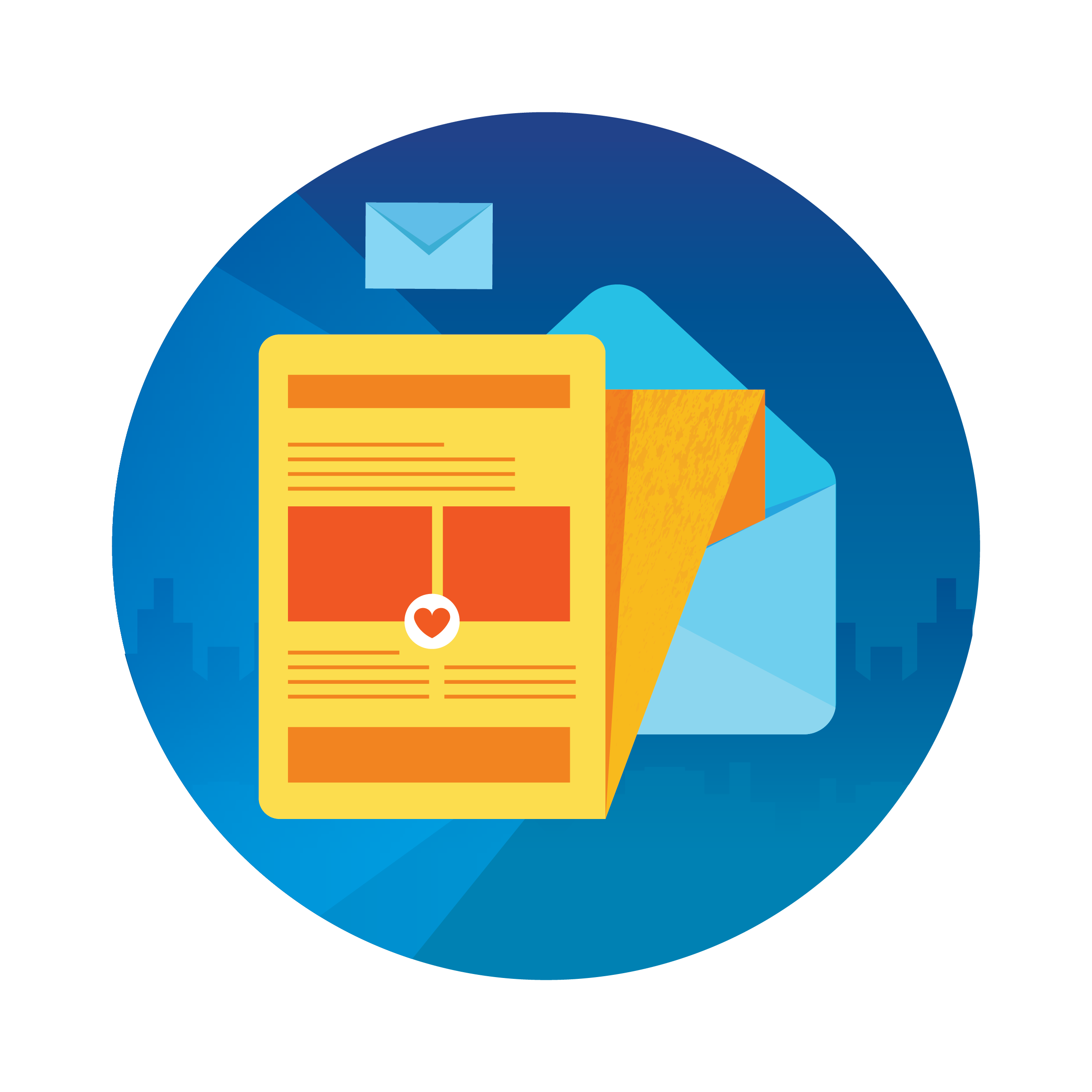 Blue circle with a yellow and red newsletter