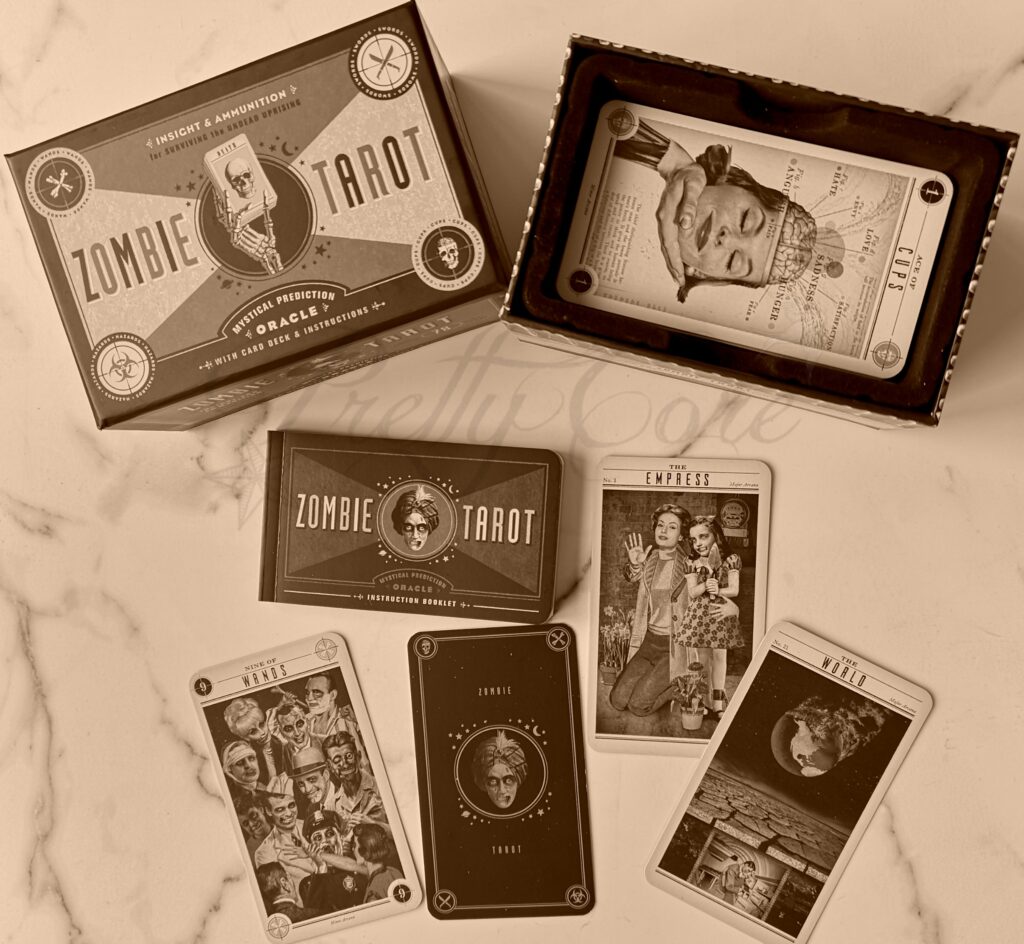 Zombie Tarot box and cards laid out in a sepia tone
