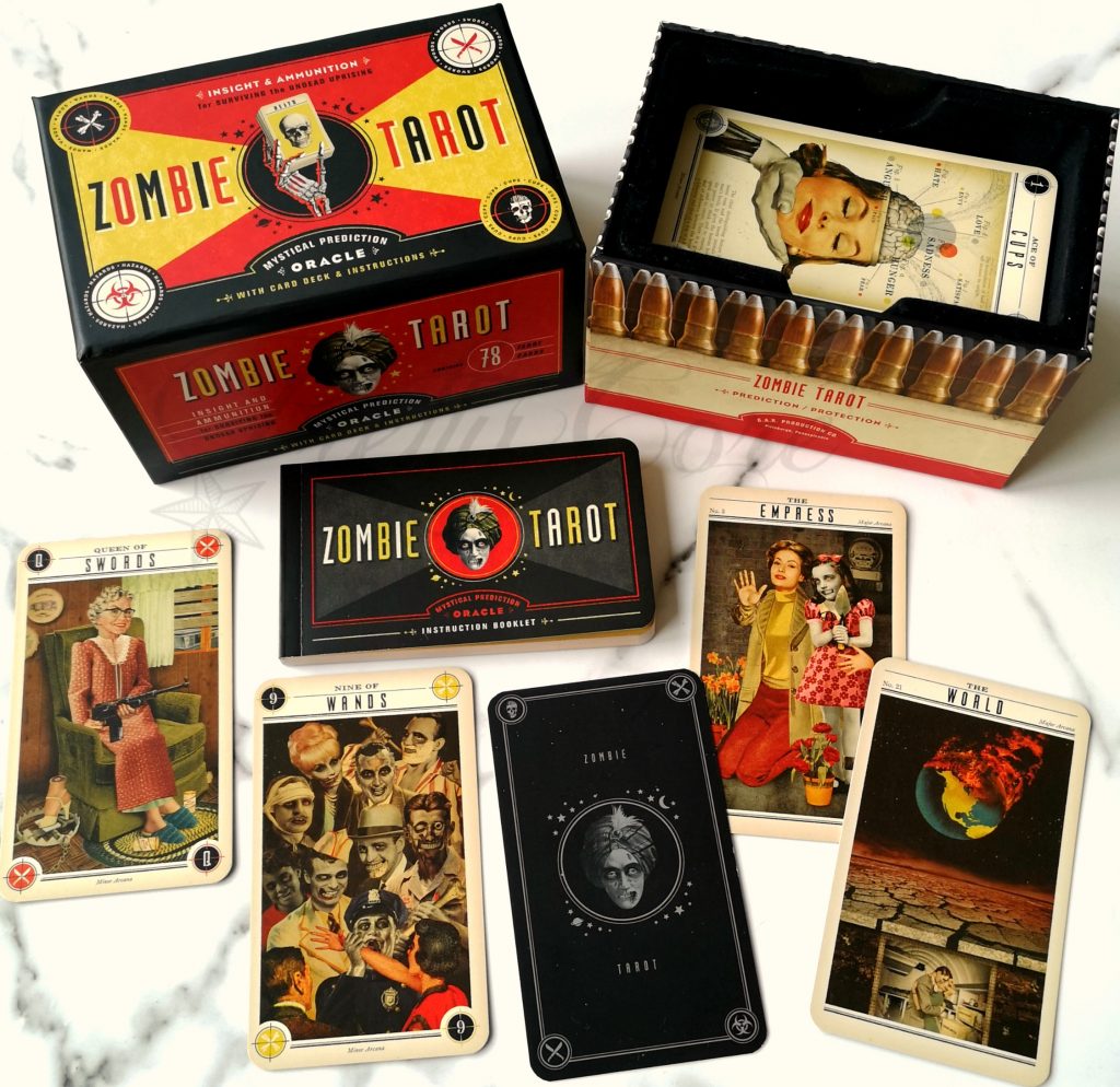 Zombie tarot box and open box with cards and booklet in colour