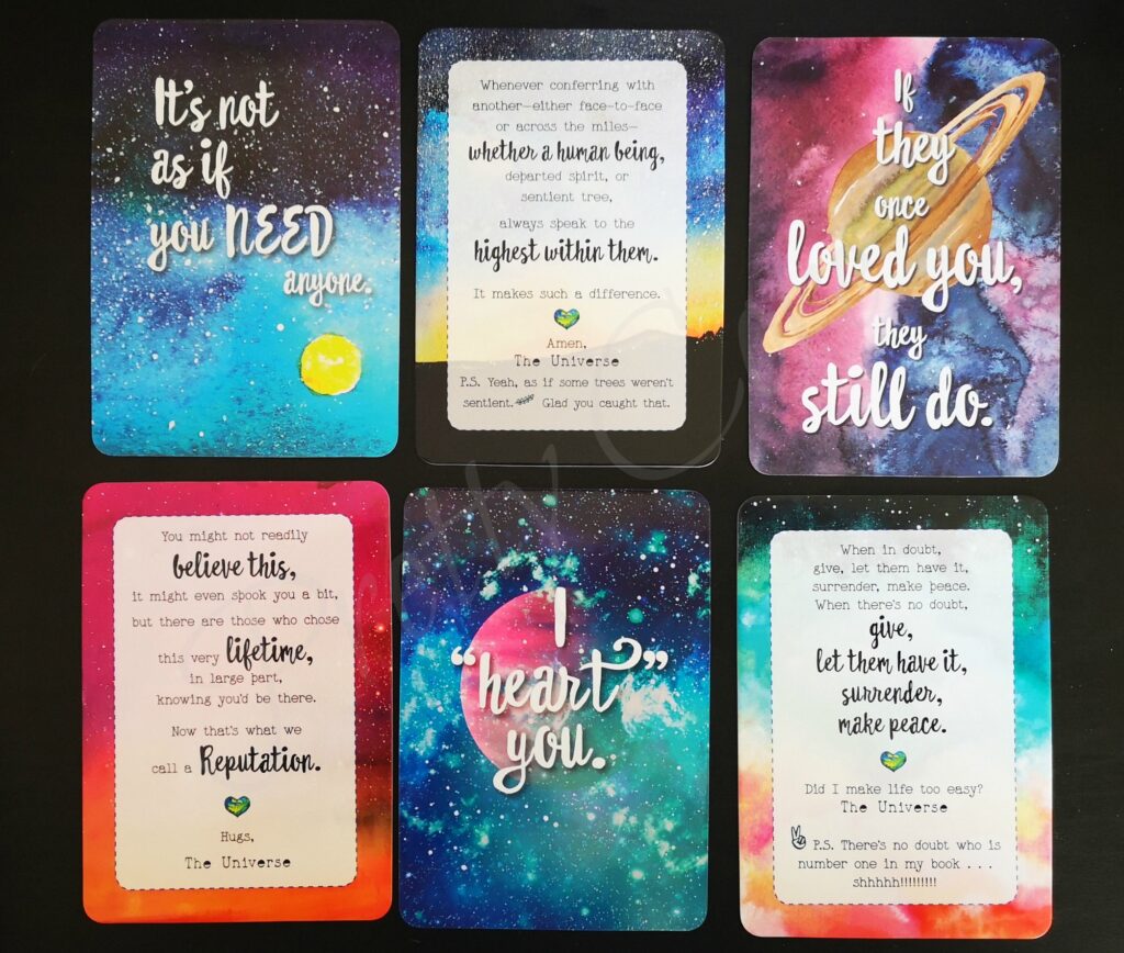 3 cards upright from the Notes from the universe on love and connection oracle deck showing 3 cards upright and 3 reversed