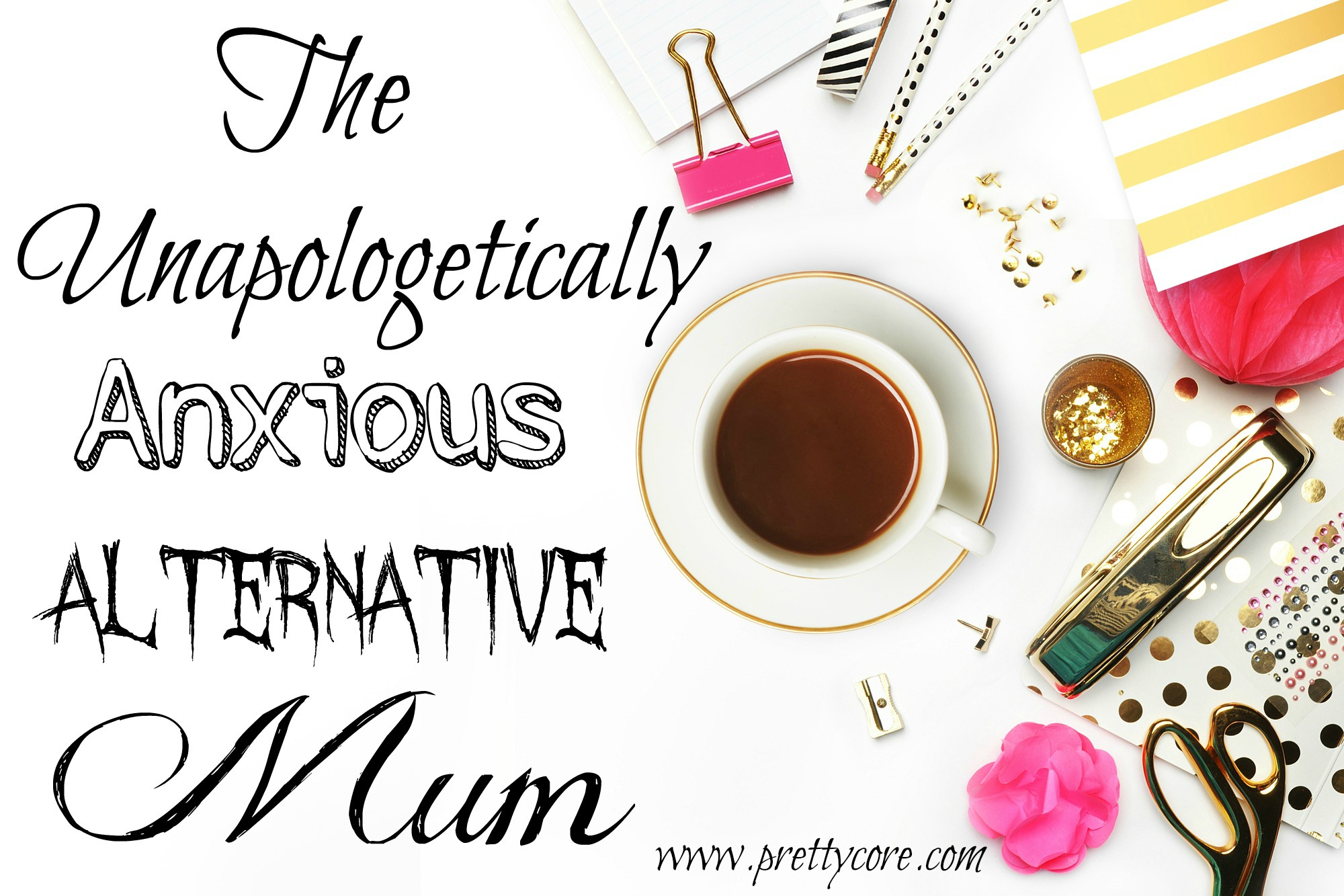 The unapologetically anxious alternative Mum with Woman desktop elegant. Coffee cup and items on the table. Mock-up for artwork .View from above. Flat lay.