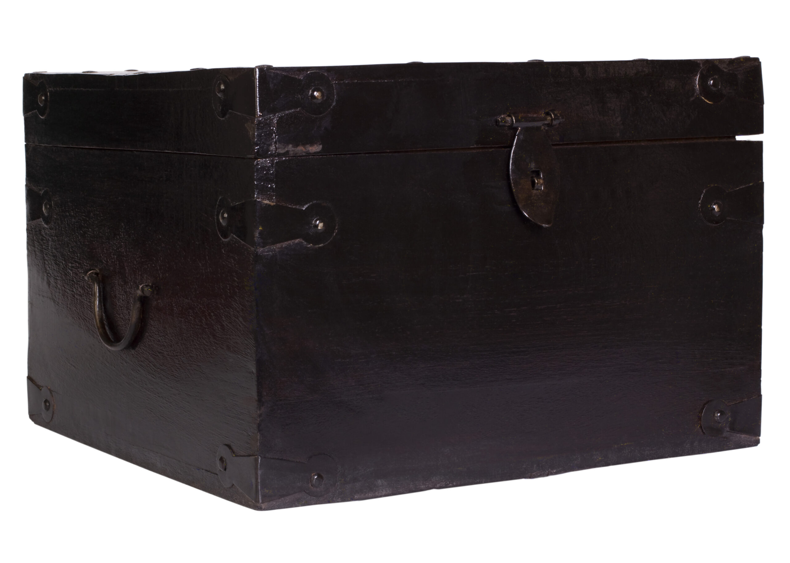 Close-up of a wooden trunk that is black goth upcycking ideas and goth on a budget