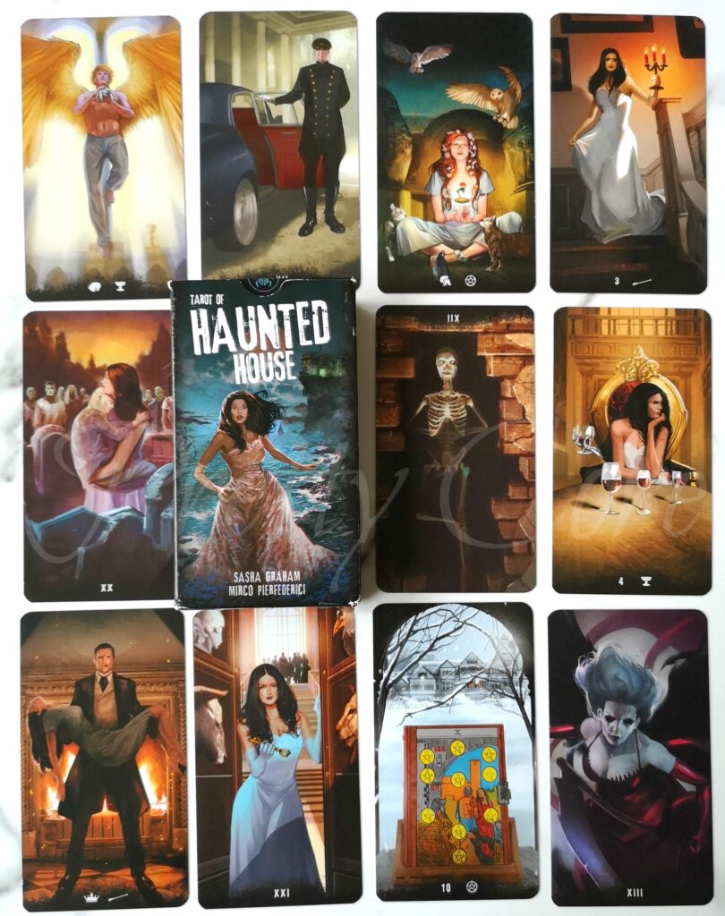 Lo Scarabeo The Tarot Of Haunted House packaging and several cards surrounding