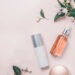 Pink natural cosmetics: oil, serum, cream, mask on background with flowers. Flat lay, Spa concept for Skincare ingredients to avoid