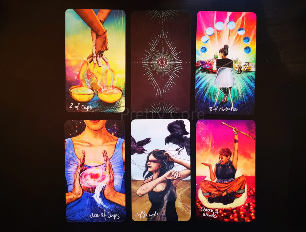 The Light Seers Tarot showing a few cards of the minor arcana laid out