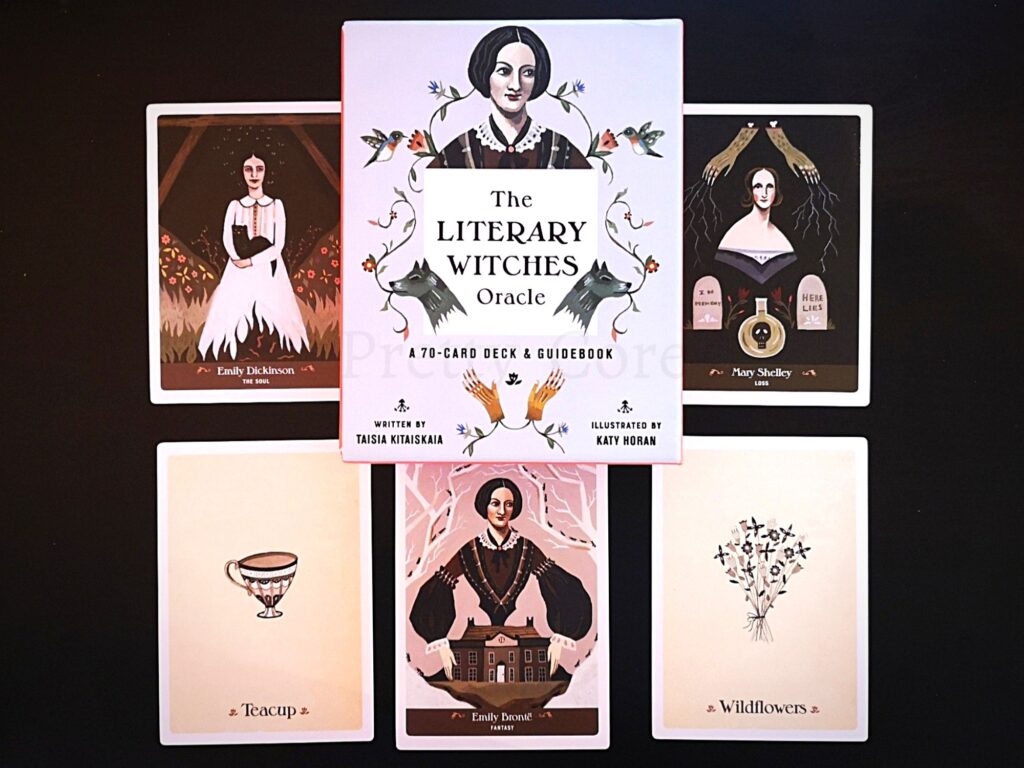 The Literary Witches Oracle showing the packaging and also a couple of the cards in a sepia tone
