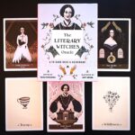The Literary Witches Oracle showing the packaging and also a couple of the cards in a sepia tone