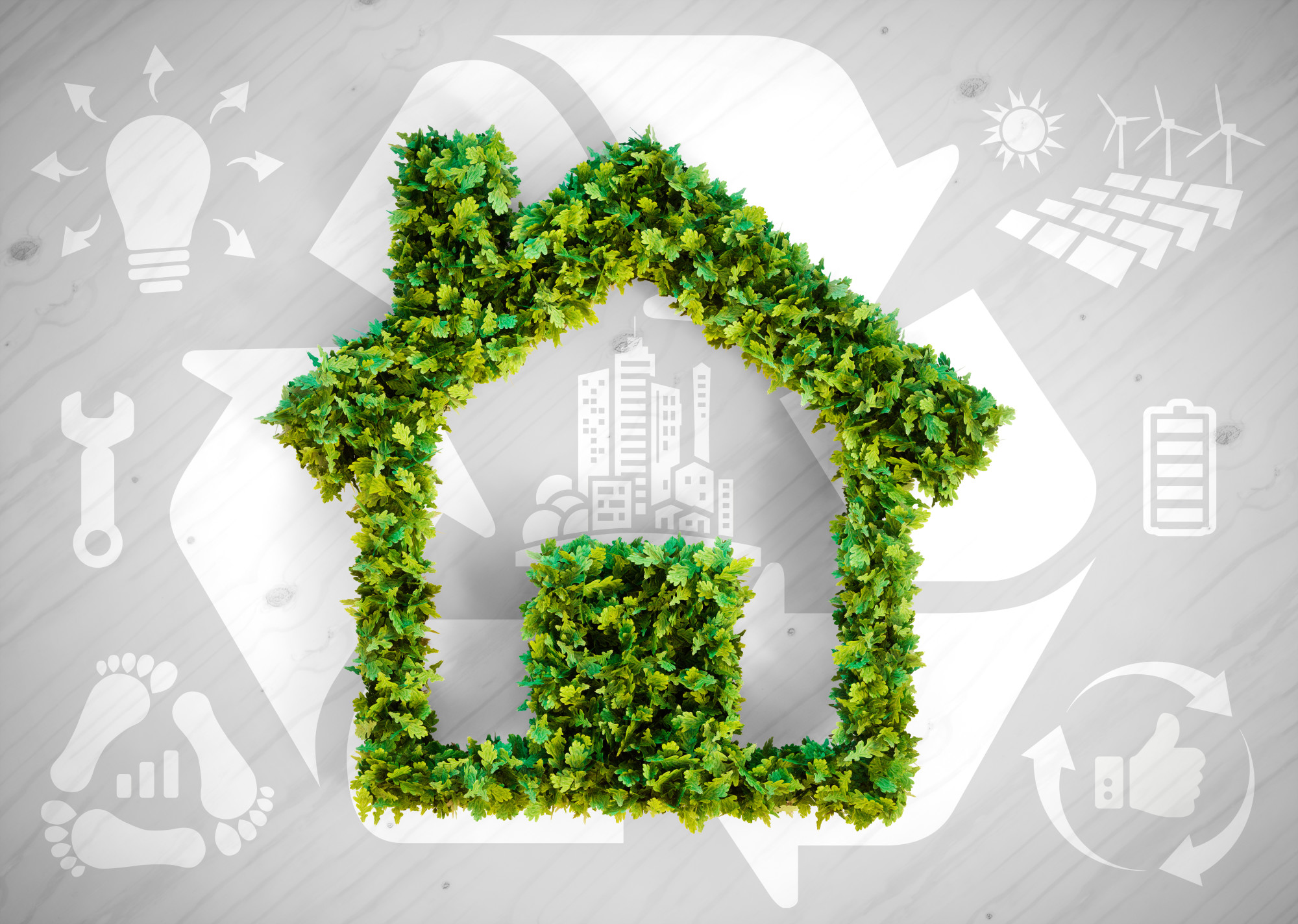 Sustainable living earth conscious - 3d illustration with ecology icons on brown wooden background.